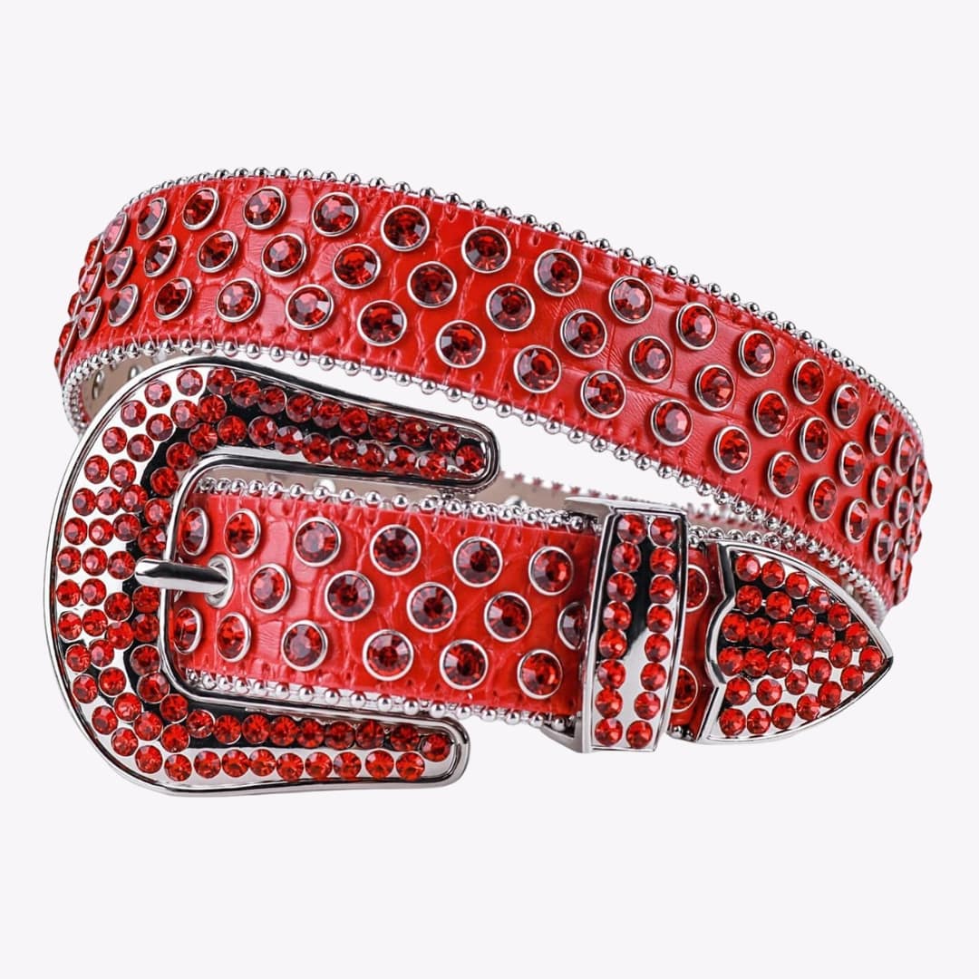 Red Rhinestone Crocodile Leather Belt by Lustrous