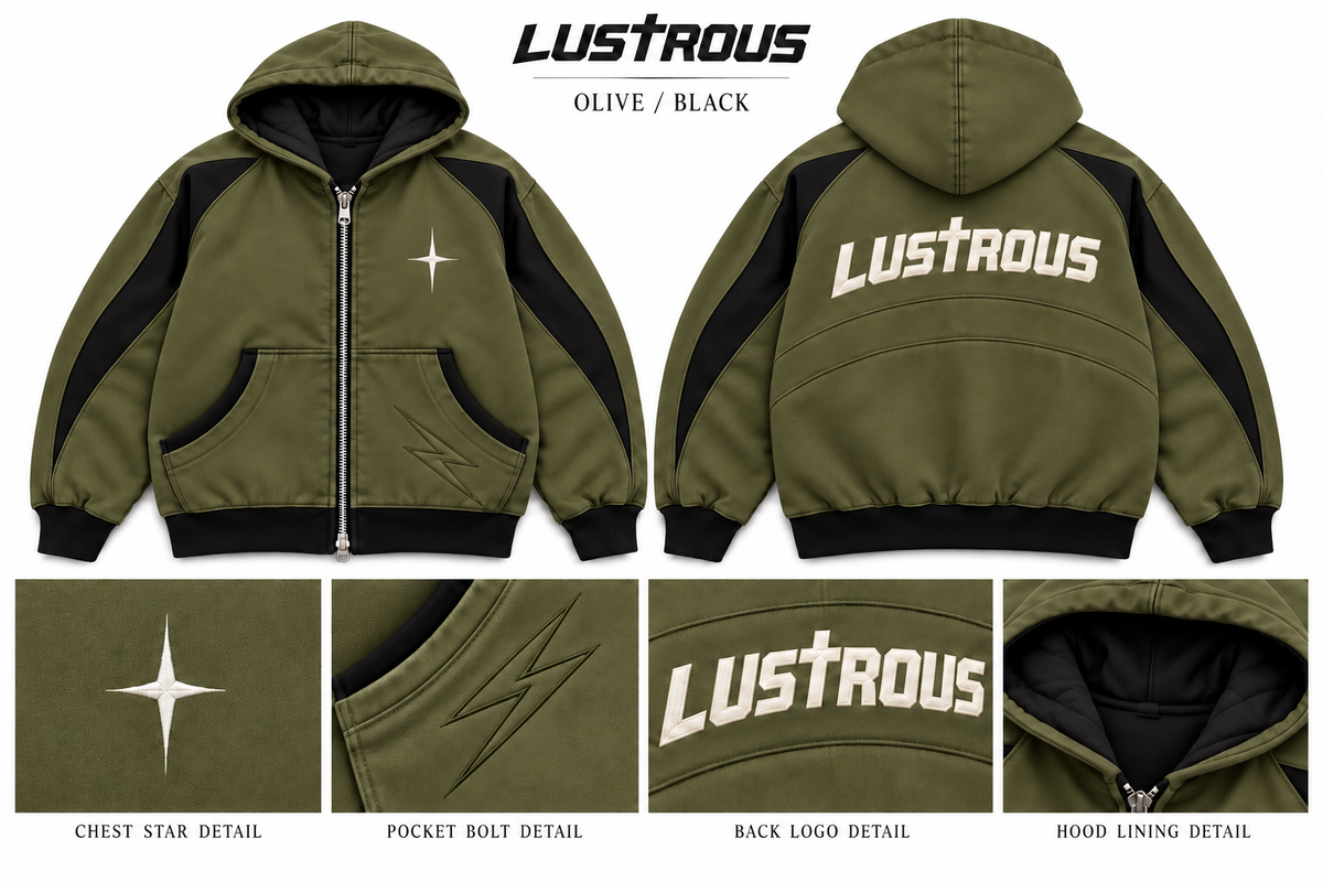 LUSTROUS Hooded Coat — Olive / Black design preview