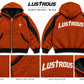 LUSTROUS Burnt Orange / Black hooded coat — front, back and design details