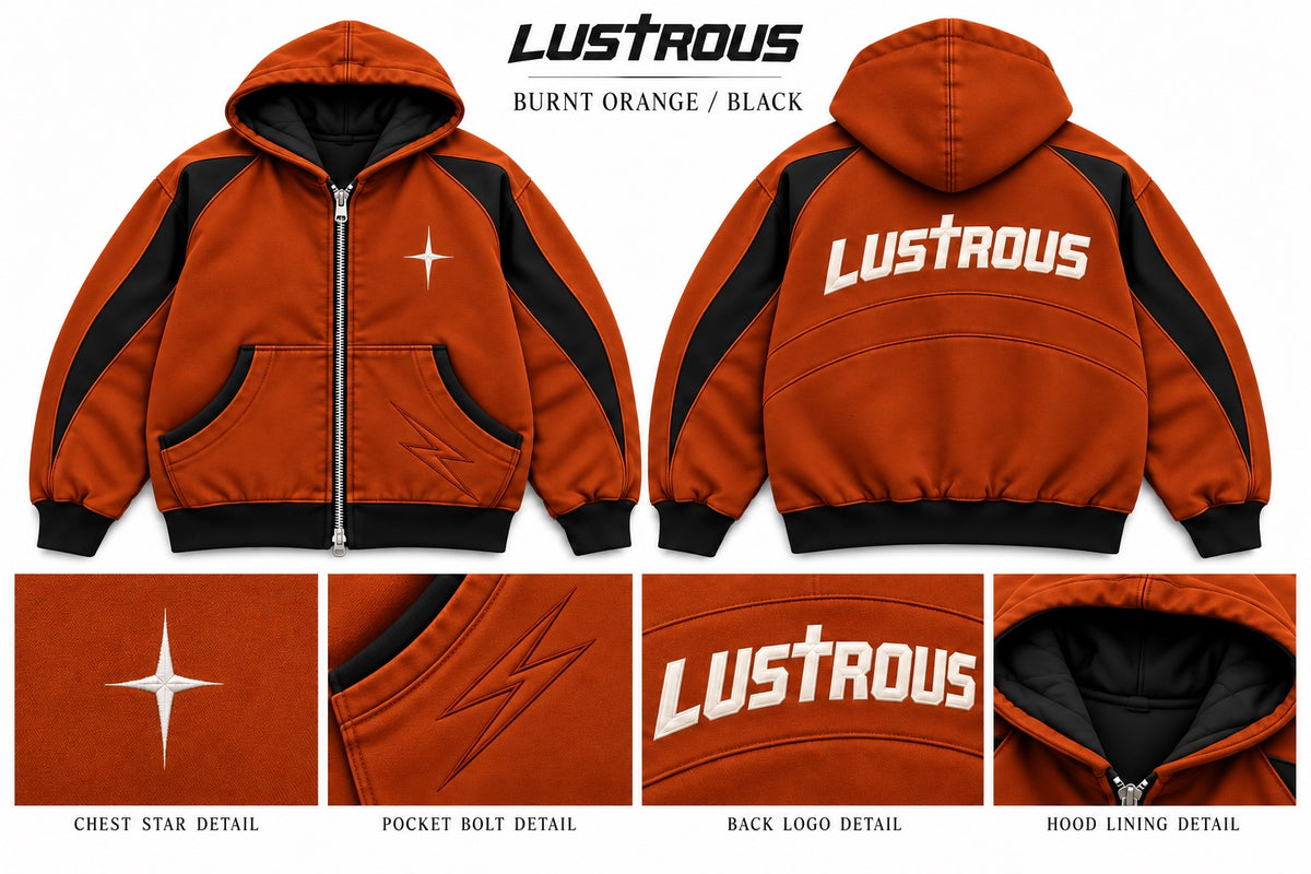 LUSTROUS Burnt Orange / Black hooded coat — front, back and design details