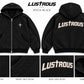 LUSTROUS Pitch Black hooded coat — front, back and design details