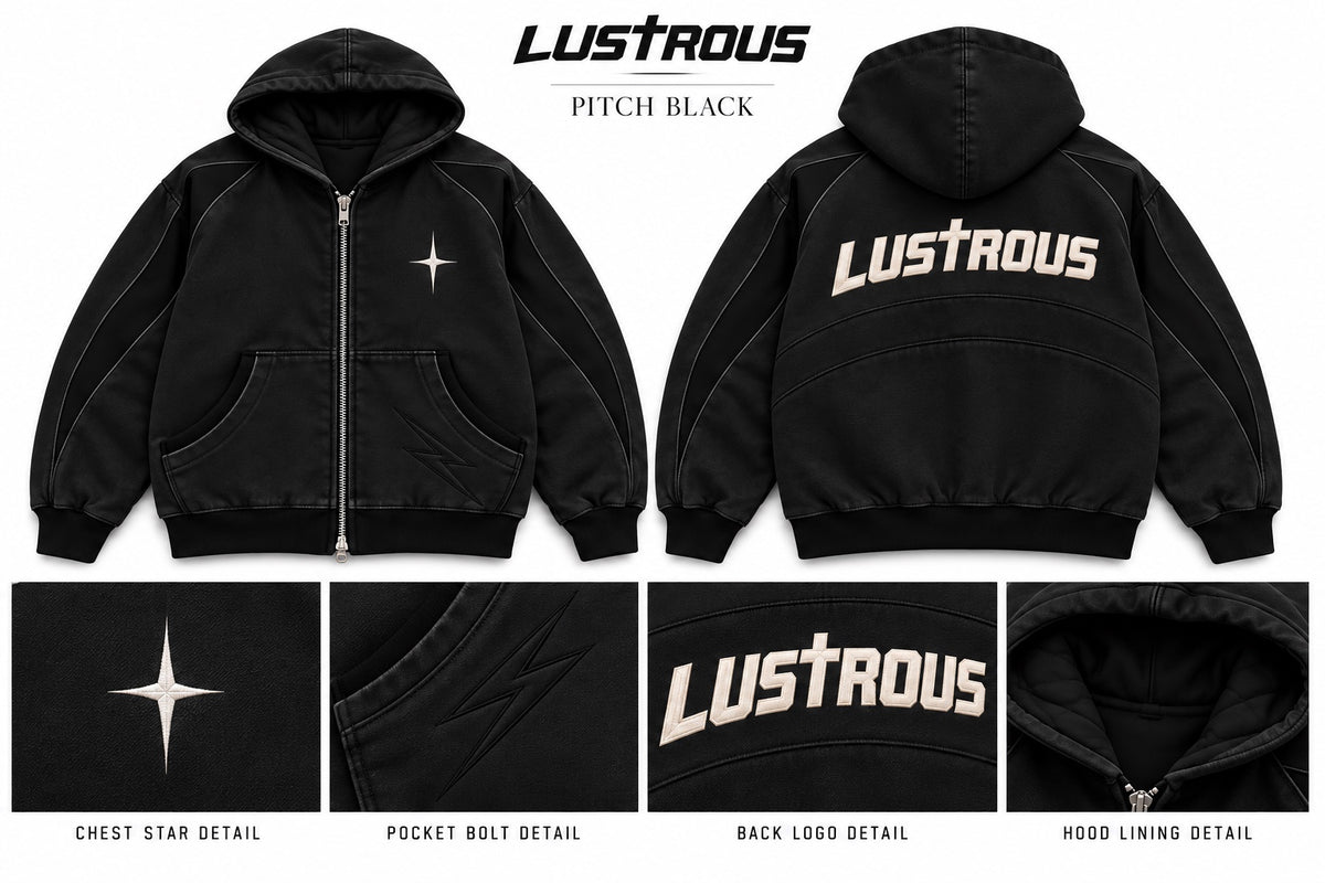 LUSTROUS Pitch Black hooded coat — front, back and design details