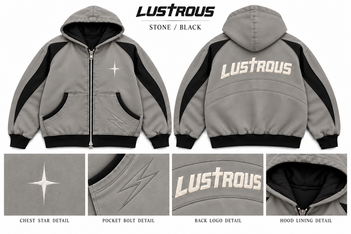 LUSTROUS Hooded Coat — Stone / Black design preview