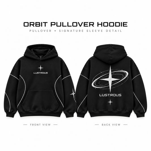 LUSTROUS Orbit black pullover hoodie front and back product detail sheet