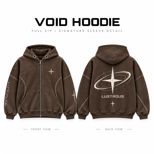 LUSTROUS Void brown zip-up hoodie front and back product detail sheet